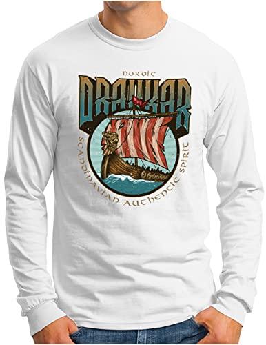OM3® Wikinger Drakkar Langarm Shirt - Herren - Viking Runen Walhalla Drachenboot Wikingerboot - Weiß, XL von OM3