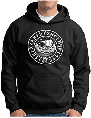 OM3® Wikinger Hoodie - Herren - Langschiff Drachenboot Drakkar Runen - Kapuzen-Pullover Schwarz, L von OM3