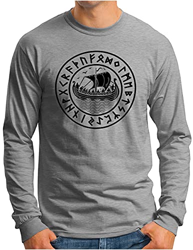 OM3® Wikinger Langarm Shirt - Herren - Langschiff Drachenboot Drakkar Runen - Grau Meliert, S von OM3