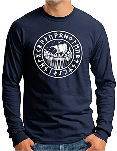 OM3® Wikinger Langarm Shirt | Herren | Langschiff Drachenboot Drakkar Runen | Navy, M von OM3