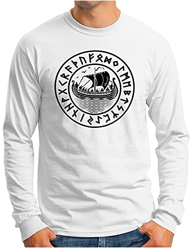 OM3® Wikinger Langarm Shirt - Herren - Langschiff Drachenboot Drakkar Runen - Weiß, XXL von OM3