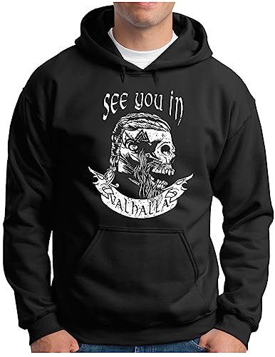 OM3® Wikinger See You in Valhalla Skull Hoodie | Herren | Runen Vikings Nordic Warrior Walhalla Odin | Kapuzen-Pullover Schwarz, L von OM3