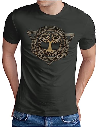 OM3® Wikinger Tree of Life T-Shirt - Herren - Viking Runen Nordmann Valhalla Yggdrasil Odin Walhalla - Dark Grey, 3XL von OM3