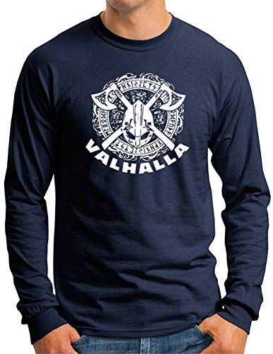 OM3® Wikinger Valhalla Langarm Shirt | Herren | Krieger Axt Odin Runen Kämpfer | Navy, XXL von OM3