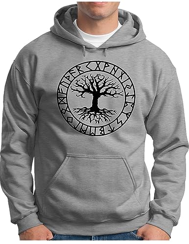 OM3® Yggdrasil-Tree-of-Life Hoodie - Herren - Vikings Wikinger Symbol Walhalla Norse Warrior - Kapuzen-Pullover Grau Meliert, M von OM3