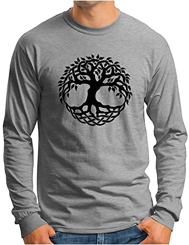 OM3® Yggdrasil-Tree-of-Life Langarm Shirt - Herren - Wikinger Baum des Lebens Symbol Norse Mythology - Grau Meliert, M von OM3