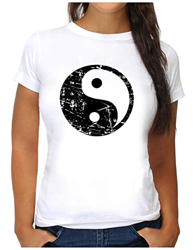 OM3® Yin and Yang Symbol T-Shirt - Damen - Logo Feng Shui Qi Gong Wushu - S, Weiß von OM3