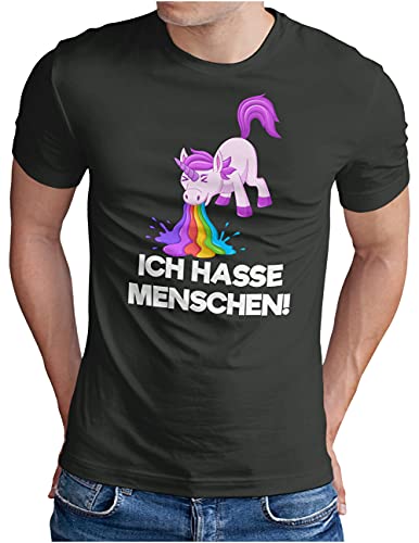 OM3® kotzendes Einhorn T-Shirt - Herren - Ich Hasse Menschen Regenbogen Fun Spruch Statement - Dark Grey, L von OM3