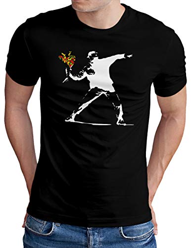 OM3® Banksy Flower Thrower T-Shirt | Herren | Urban Street Art Peace Graffiti Punk Indie Sozial Kritik | Schwarz, XXL von OM3