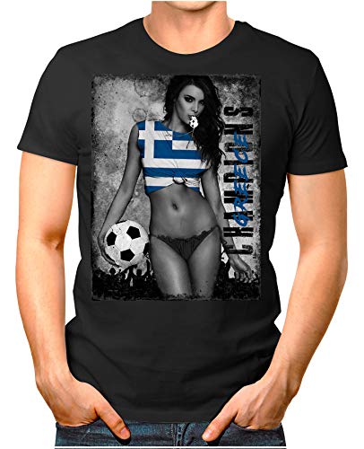 OM3 - Greece-Champions - Herren T-Shirt mit Länderflagge Sexy Girl Frau Fußball Trikot Griechenland Vintage Schwarz L von OM3