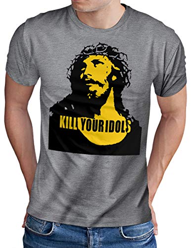 OM3® Kill Your Idols T-Shirt - Herren - 90s Jesus Hard Rock Punk Grunge Music Band - Grau Meliert, 3XL von OM3