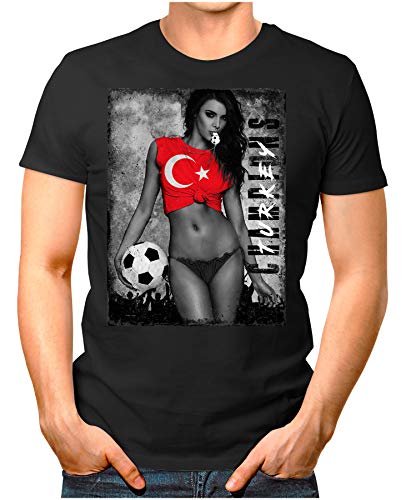 OM3 - Turkey-Champions - Herren T-Shirt mit Länderflagge Ländershirt Fan Sexy Girl Frau Fußball Trikot Türkei Türkiye Vintage Schwarz 4XL von OM3