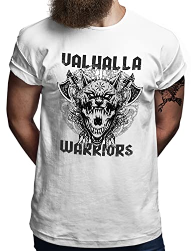 Valhalla Warriors® Ferriswolf Skull T-Shirt | Herren | Vikings Wikinger Compass Fenrir Vegvisir Wolf Asgard | Weiß, 4XL von OM3