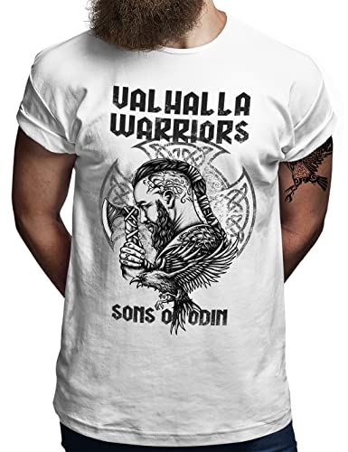 Valhalla Warriors® Ragnar Krieger Viking T-Shirt | Herren | Sons of Odin Runen Wikinger Raven Symbol | Weiß, XL von OM3