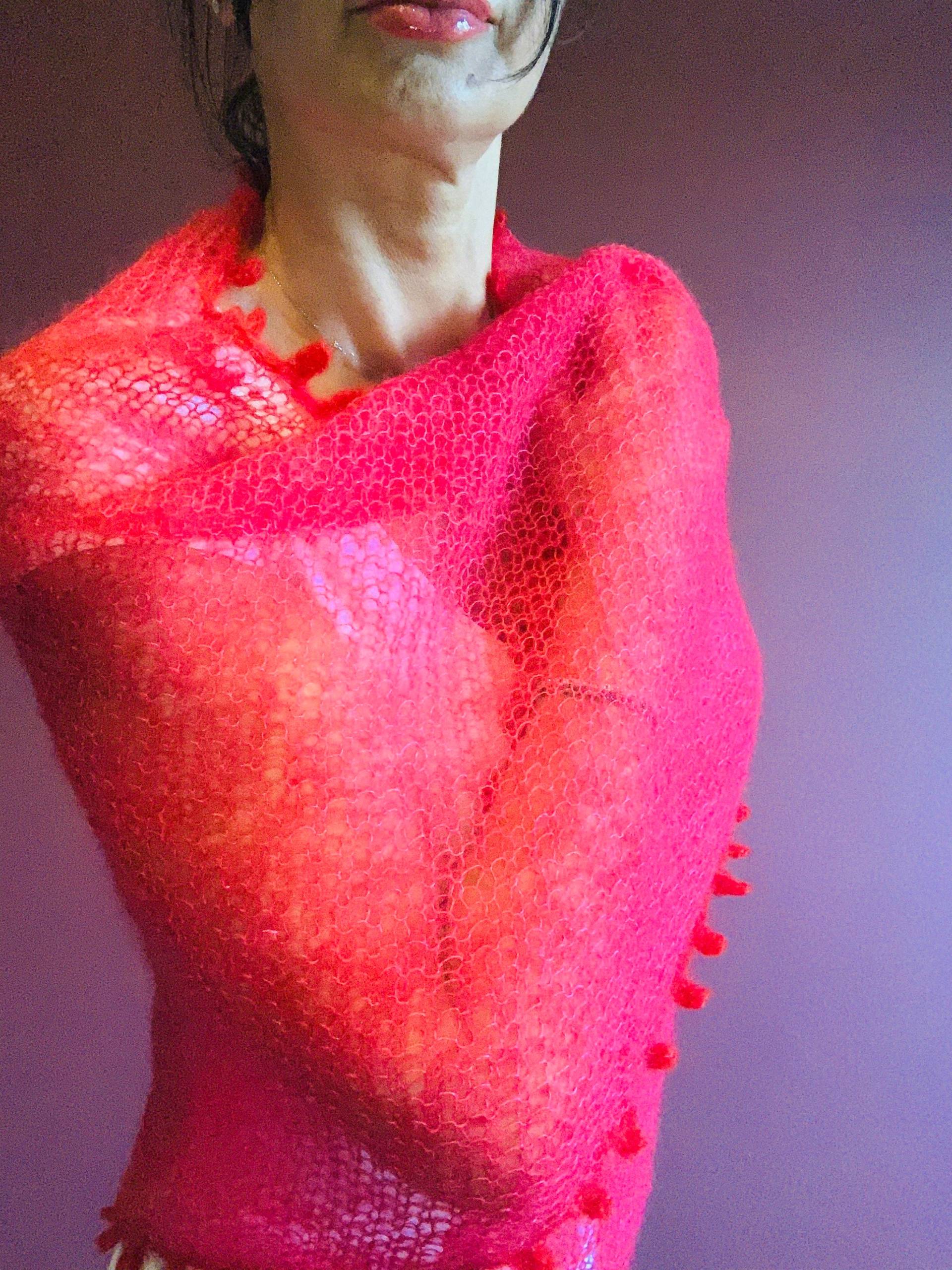 Fucsia & Roter Seiden-Mohair-Schal/Schal/Pashmina Handgestrickt Fucsia & Roter Seiden-Mohair-Schal/Schal/Pashmina Handgestrickt von OMAXDesign