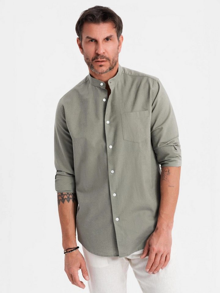 OMBRE Langarmhemd Herren Leinenhemd mit Stehkragen und Tasche REGULAR FIT von OMBRE