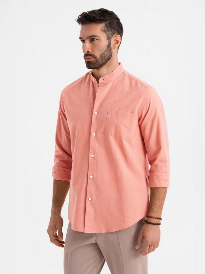 OMBRE Langarmhemd Herren Leinenhemd mit Stehkragen und Tasche REGULAR FIT von OMBRE