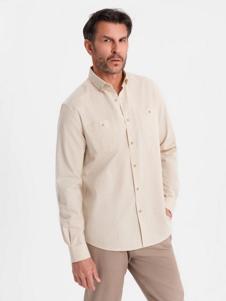 OMBRE Langarmhemd Herren Leinenhemd mit klassischem Kragen und Taschen REGULAR FIT von OMBRE