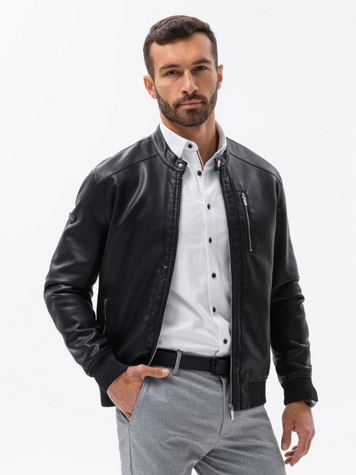 OMBRE Lederimitatjacke Herren-Kunstlederjacke mit geripptem Saum - schwarz V2 OM-JAFL-0109 S von OMBRE