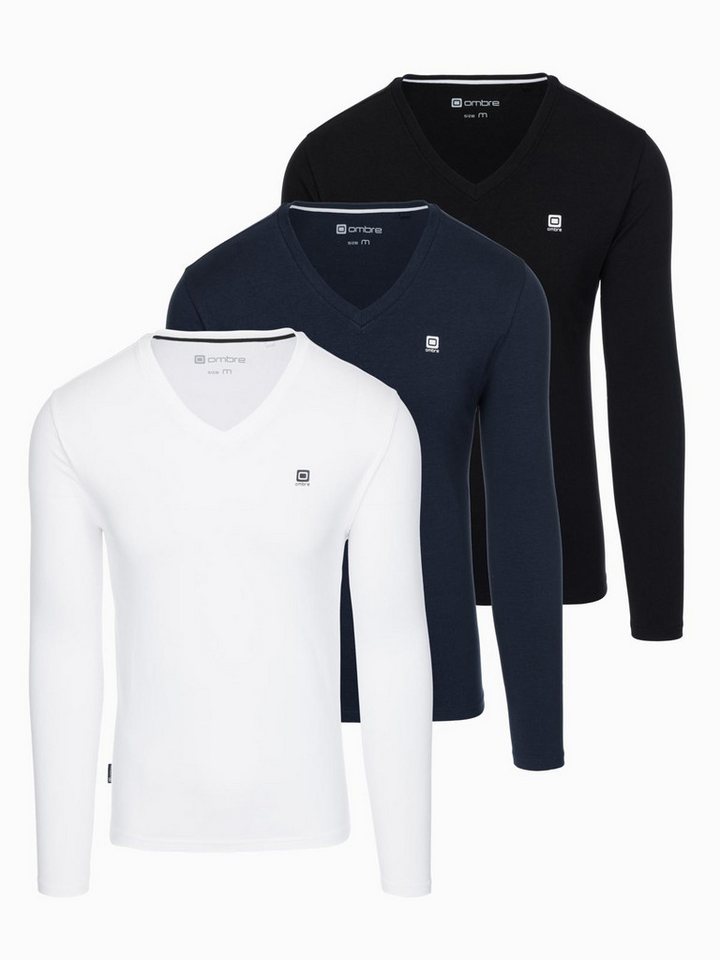 OMBRE Longsleeve 3er-Pack Langarmshirts mit V-Ausschnitt von OMBRE