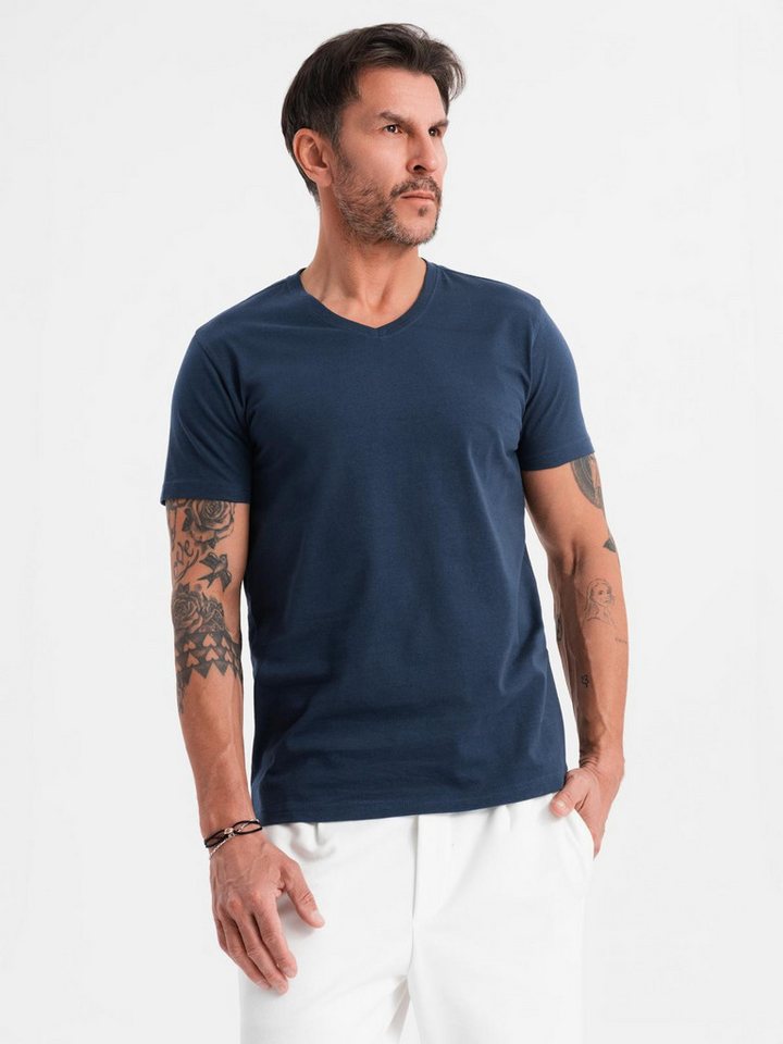 OMBRE T-Shirt BASIC Herren T-Shirt aus klassischer Baumwolle mit V-Ausschnitt Jacquard-Label mit Branding in der Seitennaht von OMBRE