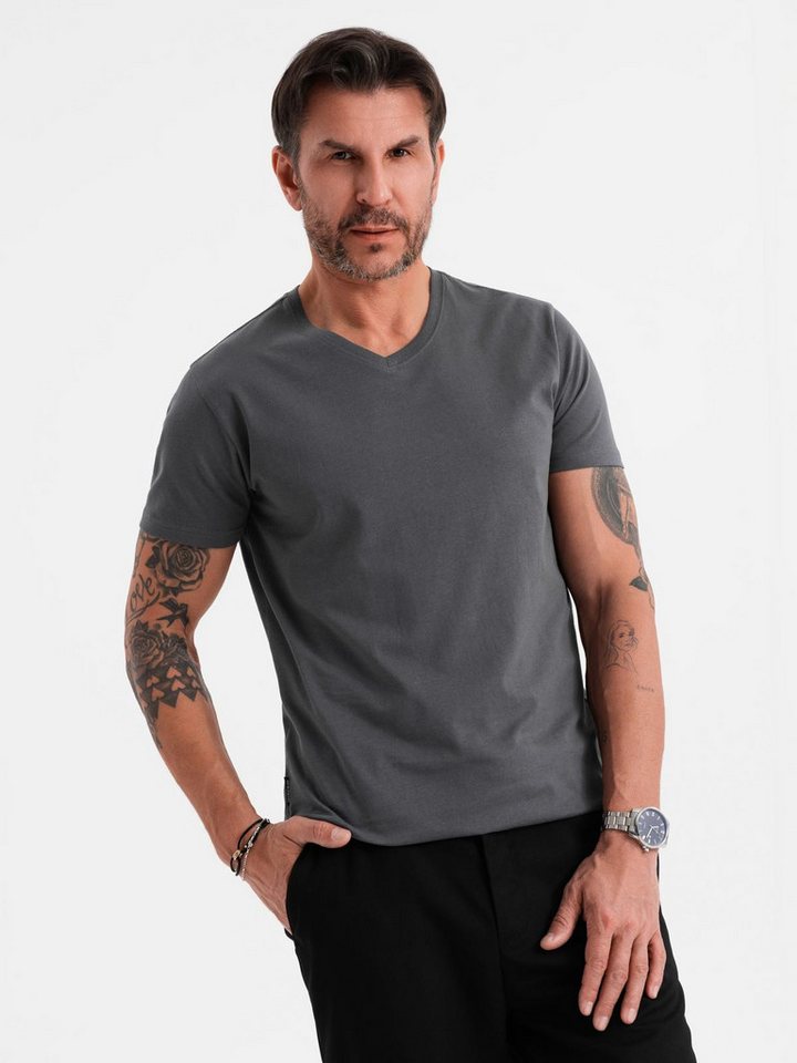 OMBRE T-Shirt BASIC Herren T-Shirt aus klassischer Baumwolle mit V-Ausschnitt Jacquard-Label mit Branding in der Seitennaht von OMBRE