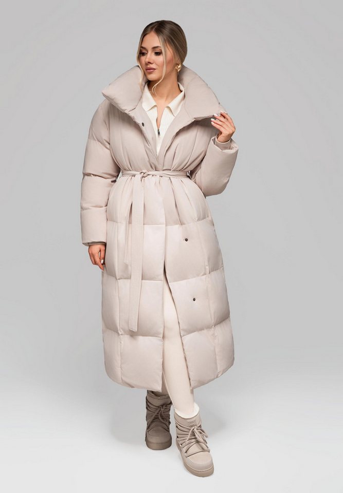 OMBRE Wintermantel Damen Steppmantel mit Bindegürtel und voluminösem Stehkragen Taillierter, langer Schnitt mit Bindegürtel von OMBRE