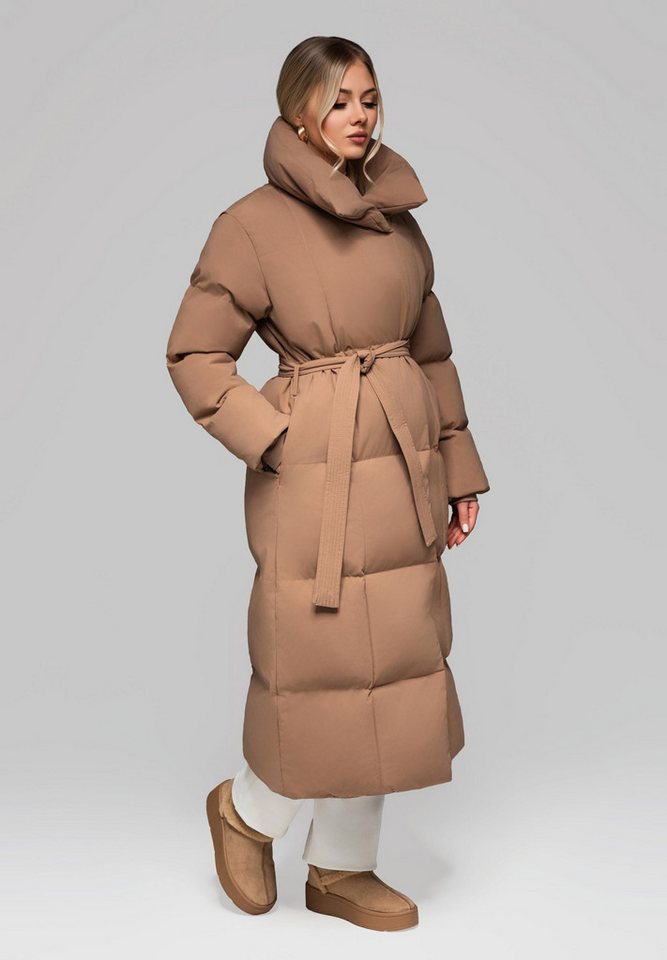 OMBRE Wintermantel Damen Steppmantel mit Bindegürtel und voluminösem Stehkragen Taillierter, langer Schnitt mit Bindegürtel von OMBRE