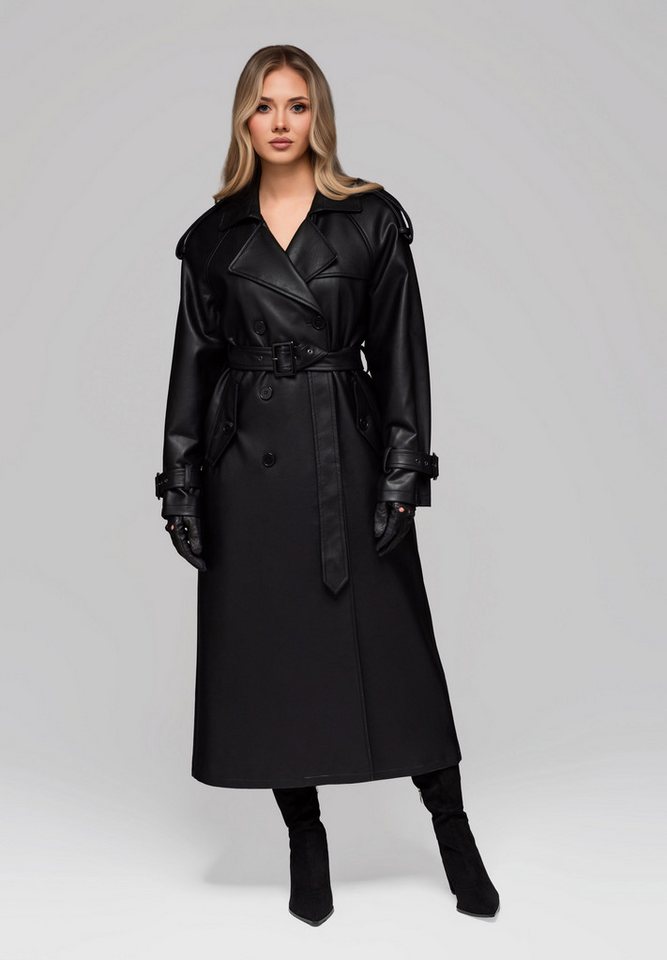 OMBRE Wintermantel Langer Damen-Trenchcoat aus Kunstleder Rückenschlitz für mehr Bewegungsfreiheit von OMBRE