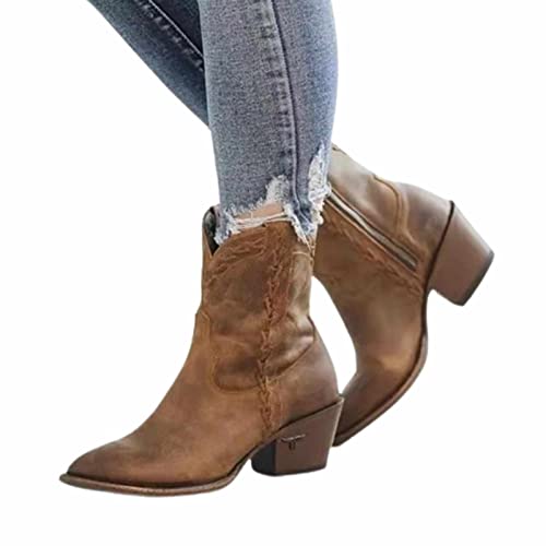 Cowgirl-Cowboy-Stiefel Für Frauen, Vintage Quadratische Zehe Faux PU Mid Calf Ankle Boots, Kurze Winterstiefelklotziger Block Mittlerer Absatz Chelsea Western Booties Schuhe,Braun,39 von OMEARK