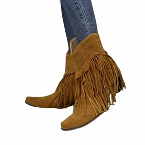 OMEARK Cowboystiefel Mit Fransen Für Frauen, Mode Flaches Wildleder Mid-Calf Stiefeletten, Winter Pelzfütterung Schlupfstiefel Western Quaste Kurze Booties Schuhe,Gelb,39 von OMEARK