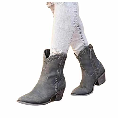 OMEARK Cowgirl-Cowboy-Stiefel Für Frauen, Vintage Quadratische Zehe Faux PU Mid Calf Ankle Boots, Kurze Winterstiefelklotziger Block Mittlerer Absatz Chelsea Western Booties Schuhe,Grau,39 von OMEARK