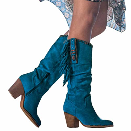 OMEARK Damen Cowboy hohe Stiefel, Mode runde Zehe hoher Absatz Lange Stiefel mit Fransen, Winter Wildleder weites Kalb Western Stiefel Reißverschluss Dicke Absätze Biker Stiefel,Blau,41 von OMEARK