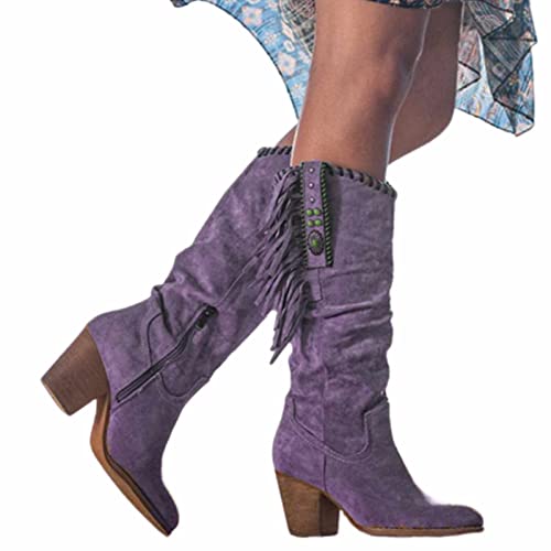 OMEARK Damen Cowboy hohe Stiefel, Mode runde Zehe hoher Absatz Lange Stiefel mit Fransen, Winter Wildleder weites Kalb Western Stiefel Reißverschluss Dicke Absätze Biker Stiefel,Lila,38 von OMEARK