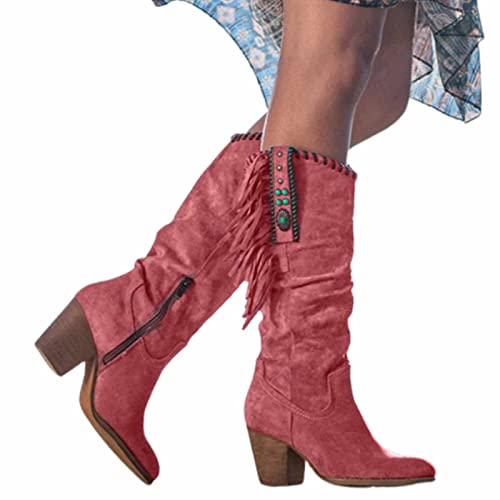 OMEARK Damen Cowboy hohe Stiefel, Mode runde Zehe hoher Absatz Lange Stiefel mit Fransen, Winter Wildleder weites Kalb Western Stiefel Reißverschluss Dicke Absätze Biker Stiefel,Rot,36 von OMEARK