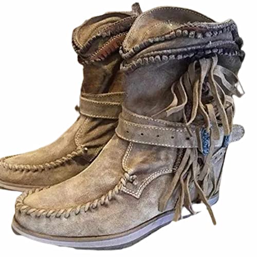 OMEARK Frauen Fransen Cowboy Stiefel, Vintage Flache Wildleder Western Mid-Calf Stiefel, Winter Pelz Futter Slip-On Snip Toe Quaste Cowgirl Stiefel,Khaki,42 von OMEARK