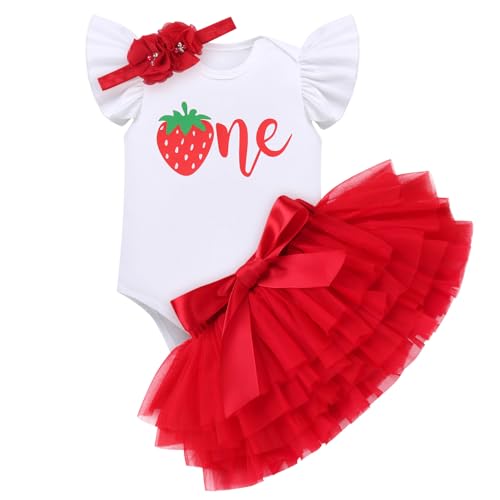 OMEWEE 1 Geburtstag Mädchen Outfit Baby Girl Geburtstagskleid Dress Tütü Rock mit Stirnband Kleid Strampler Erdbeer Schmetterling Babykleidung Rot 1Y von OMEWEE
