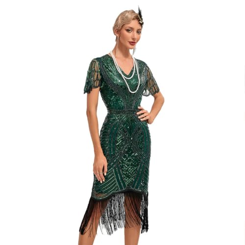 OMEWEE 1920er Kleider Damen Flapper Kleid mit Kurzem �rmel Cocktailkleider Gatsby Motto Party Kost�m Tanzkleid Dunkelgr�n L von OMEWEE