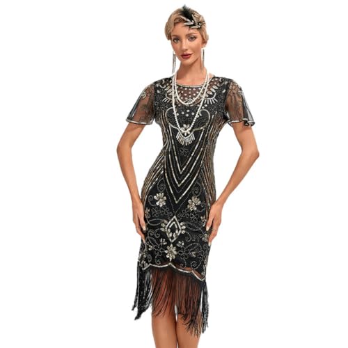 OMEWEE 1920er Kleider Damen Flapper Kleid mit Kurzem �rmel Cocktailkleider Gatsby Motto Party Kost�m Tanzkleid Schwarzes Gold Kleider mit Stickerei 3XL von OMEWEE