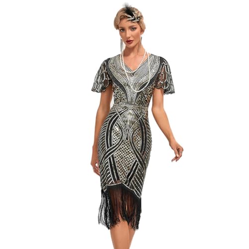OMEWEE 1920er Kleider Damen Flapper Kleid mit Kurzem �rmel Cocktailkleider Gatsby Motto Party Kost�m Tanzkleid Schwarzes Gold L von OMEWEE