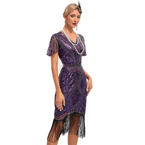 OMEWEE 1920er Kleider Damen Flapper Kleid mit Kurzem �rmel Cocktailkleider Gatsby Motto Party Kost�m Tanzkleid lila M von OMEWEE