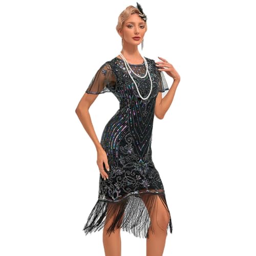 OMEWEE 1920er Kleider Damen Flapper Kleid mit Kurzem �rmel Cocktailkleider Gatsby Motto Party Kost�m Tanzkleid schwarz Silber L von OMEWEE