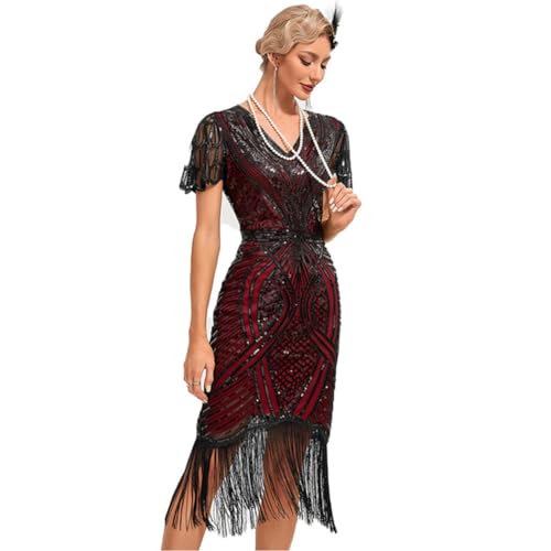 OMEWEE 1920er Kleider Damen Flapper Kleid mit Kurzem �rmel Cocktailkleider Gatsby Motto Party Kost�m Tanzkleid schwarz rot XXL von OMEWEE