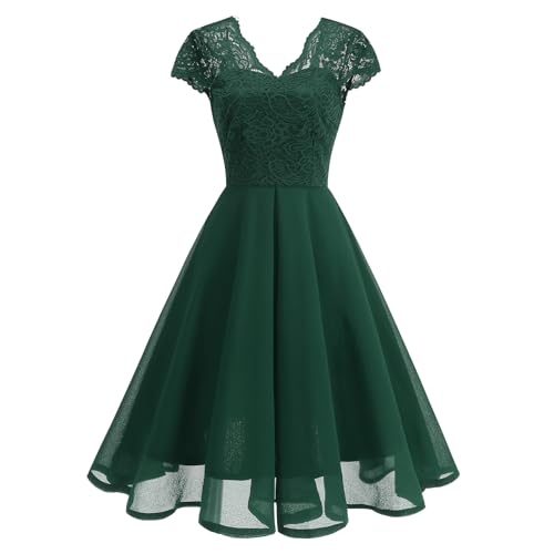 OMEWEE 1950er Vintage Retro Cocktailkleid Damen Elegant Knielang Rockabilly Kleider V-Ausschnitt Chiffon Kurzarm Spitzenkleid A-Line Swing Hochzeit festliches Kleid Kleid Abendkleid Grün L von OMEWEE