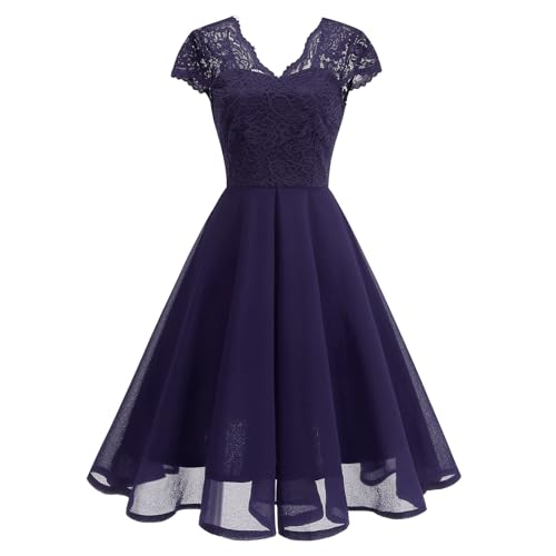 OMEWEE 1950er Vintage Retro Cocktailkleid Damen Elegant Knielang Rockabilly Kleider V-Ausschnitt Chiffon Kurzarm Spitzenkleid A-Line Swing Hochzeit festliches Kleid Kleid Abendkleid Lila S von OMEWEE