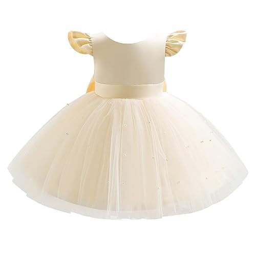 OMEWEE Baby Mädchen Taufkleid Festliches Tütü Kleid Prinzessin Partykleid Geburtstag Tüllkleid Flatterärmel Showkleid Elegant Ballkleid für Kleinkinder Champagne 90 von OMEWEE
