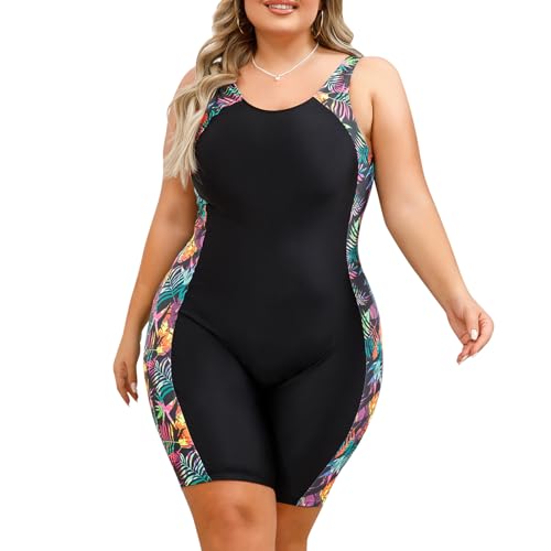 OMEWEE Badeanzug Gro�e Gr��en f�r Damen Bademode mit Bein f�r mollige Frauen Sexy Bikini mit Druck Schwimmanzug Badeanzug Damen Sport Blatt 2XL von OMEWEE