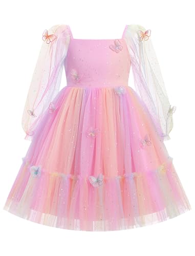 OMEWEE Blumenmädchenkleider Prinzessin Festliches Kinder Mädchen Kleider Mesh Puff Langarm Paillette Tüll Kleid Hochzeit Partykleid 02 Pink 4-5Y von OMEWEE