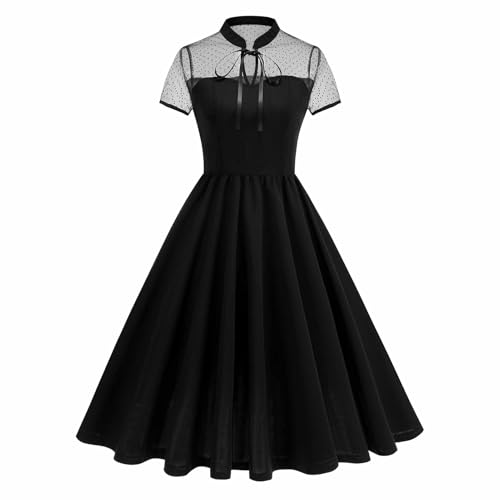 OMEWEE Cocktailkleid Damen Elegant Knielang Rockabilly Kleider Stehkragen Sheer Mesh Kurzarm festlichs Kleid A-Line Swing Vintage Abendkleider Hochzeitsgast Partykleid Schwarz Medium von OMEWEE