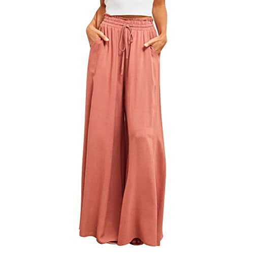 OMEWEE Damen Sommer L�ssige Marlenehose mit Taschen Leicht Palazzo Elegant Plissee Viskose Hose Freizeithose Hohe Taille Sommerhose Weites Bein Boho Schlaghose orangerot L von OMEWEE